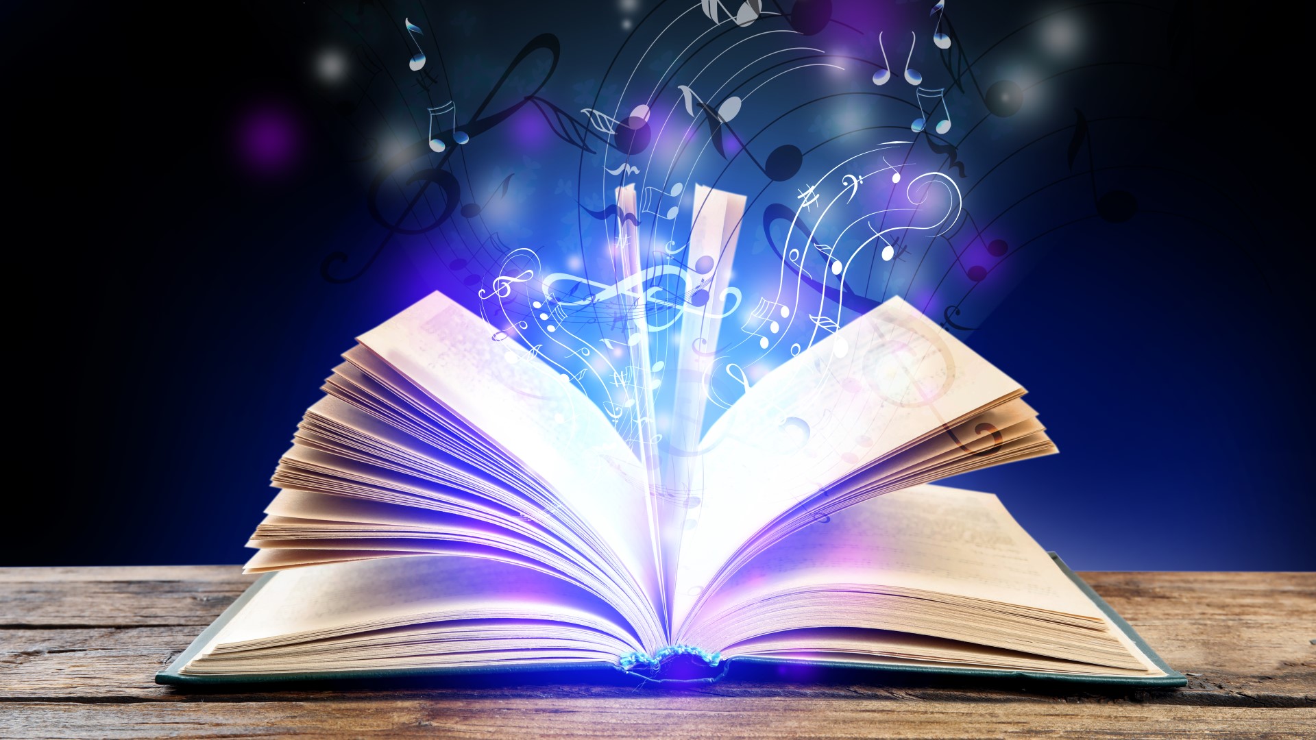 alt=An open book on a wooden table with glowing musical notes and light emerging from its pages, resonating with spiritual essence of sound healing, set against a dark background