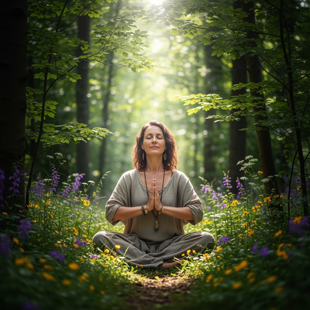 A woman sitting in the light within the forest